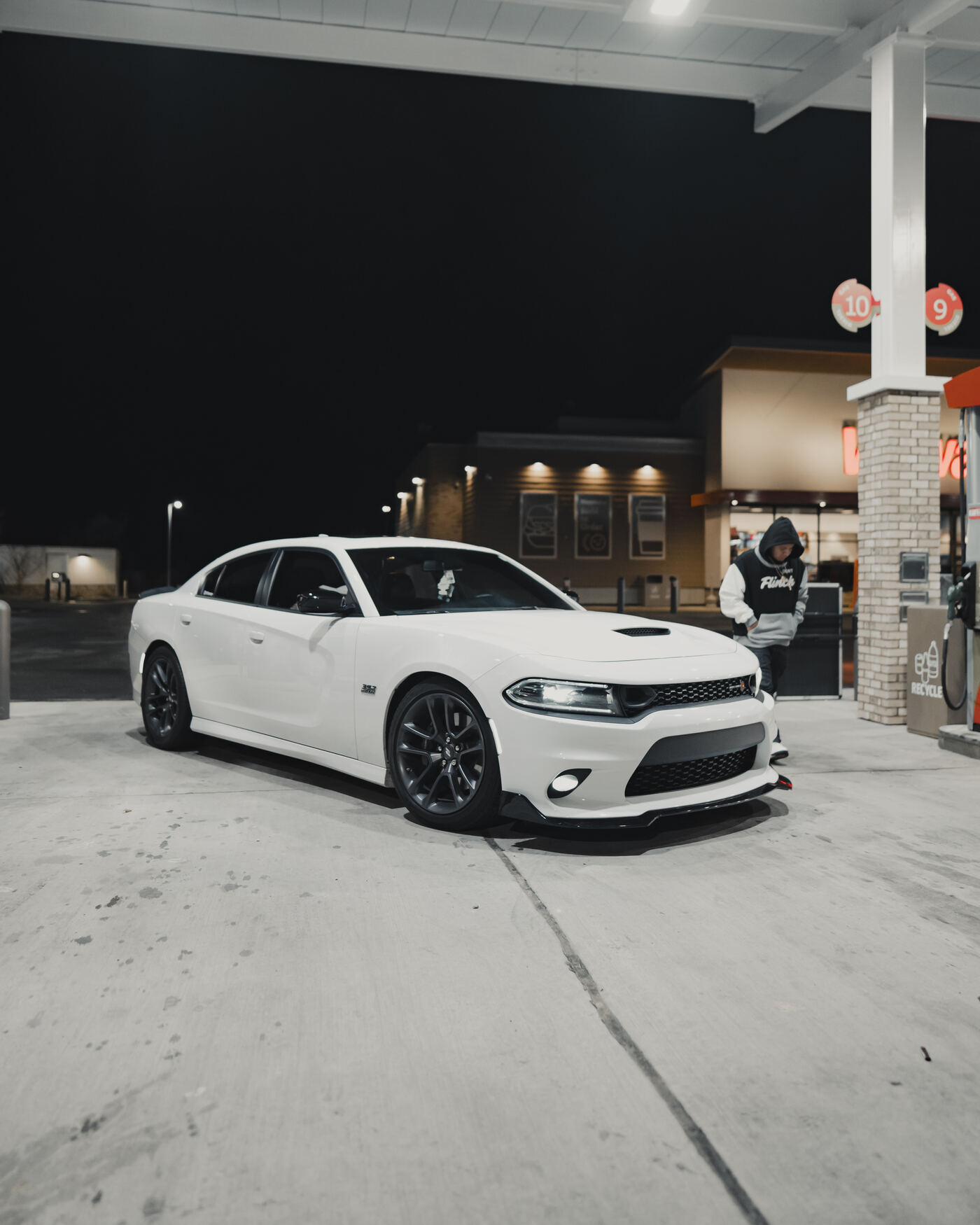 White Dodge Charger Scat Pack at 7-Eleven night shoot